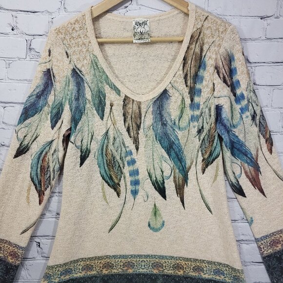 Vocal Tunic Sweater Womens M Boho Feather Airbrushed Design Lace Trim USA - Picture 2 of 10